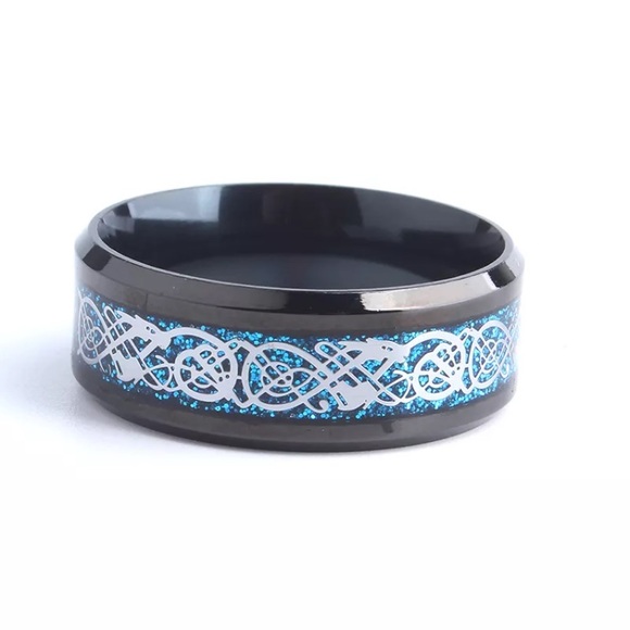 Blue Silver Dragon Black Stainless Steel Ring - Picture 2 of 4